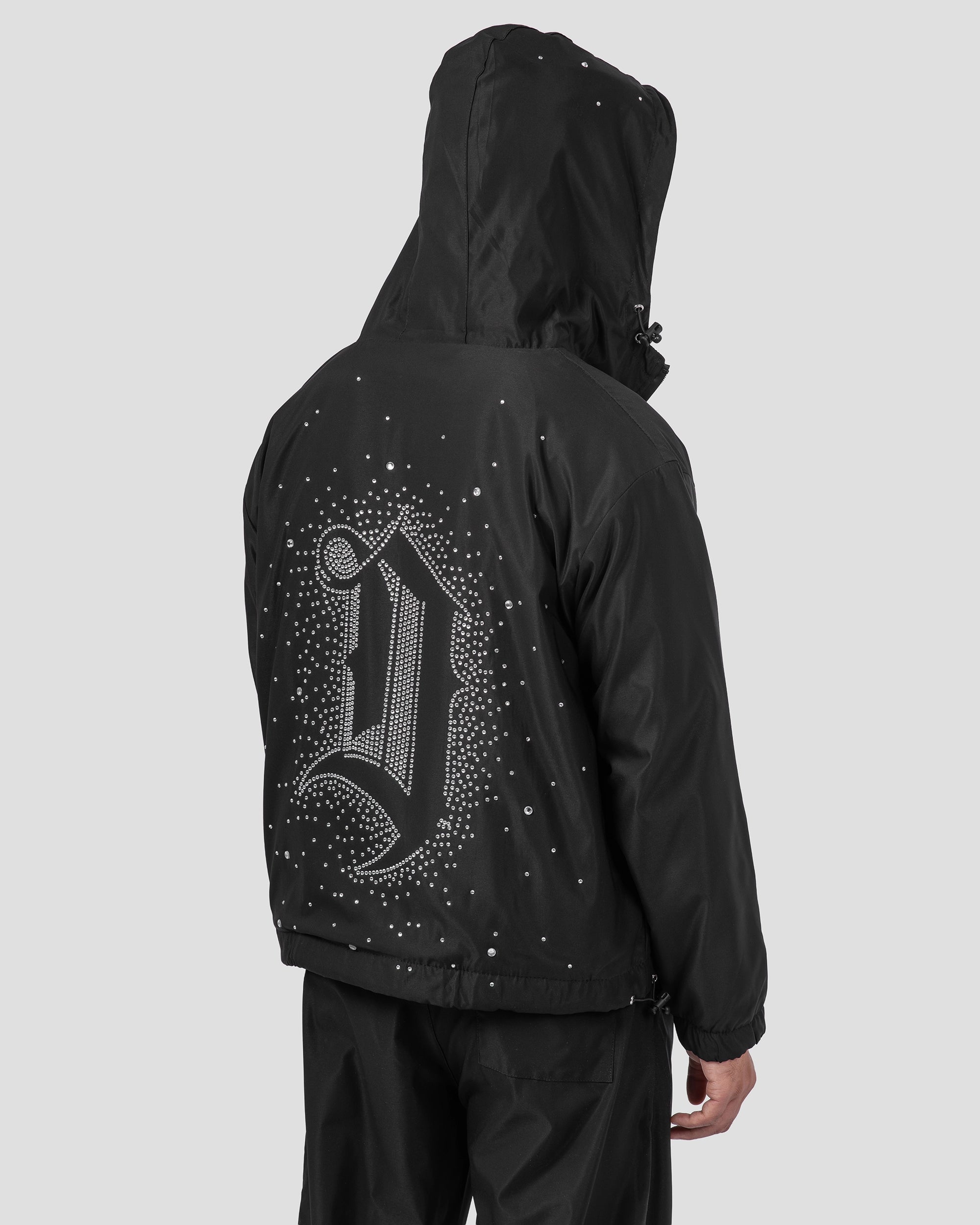 Schwarze Stretch-Satin-Jacke mit Strassdetails