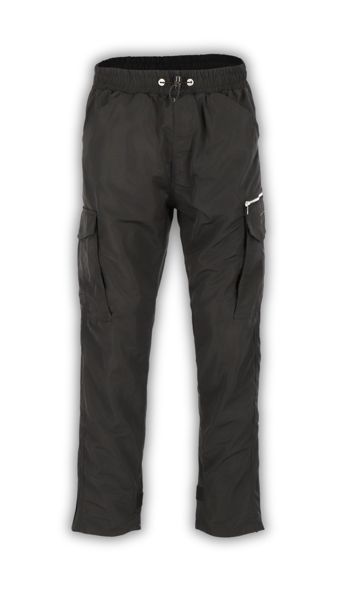 Decider Trackpants in schwarz mit Taschen und Reißverschluss vor transparentem Hintergrund