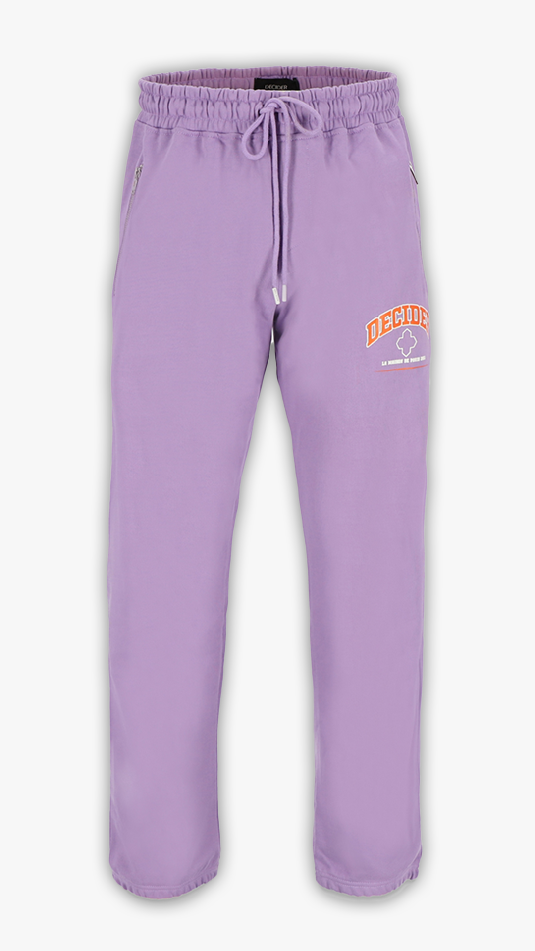 Pastel Purple Sweatpants für Frauen und Herren von Decider mit orangefarbenem Logo - Breite Jogginghose in trendigem Pastell-Lila.
